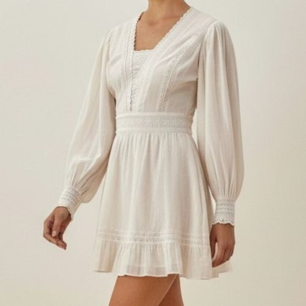 REFORMATION Elisabetta Lace Semi Sheer Balloon Sleeve Mini Dress 2 Beige Prairie